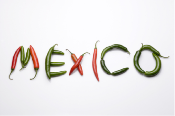 Palabra México formada con chiles verdes y rojos sobre fondo blanco