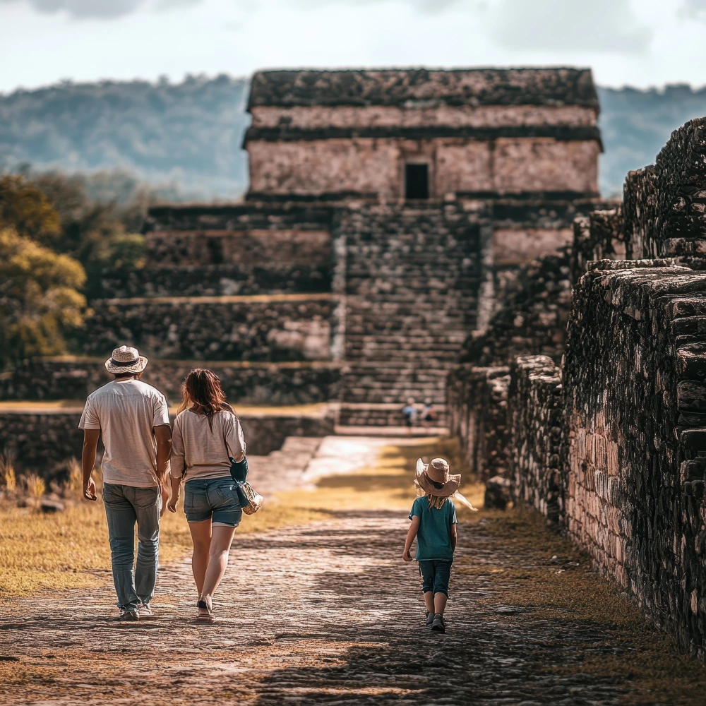 Familia caminando entre ruinas arqueológicas mayas durante un viaje cultural