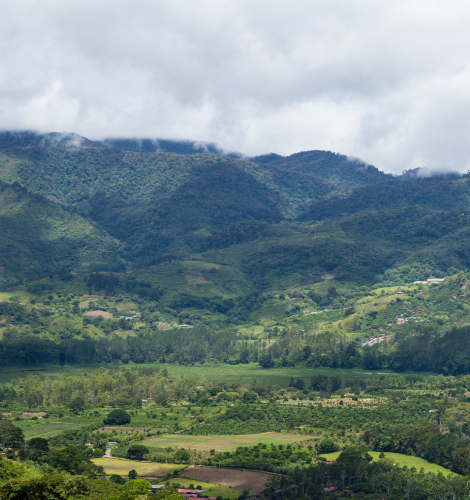 Paisaje montañoso y verde en una región rural de Costa Rica
