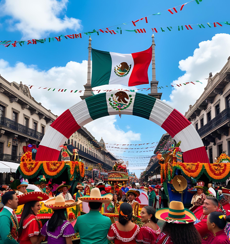 Celebración cultural mexicana con banderas y mariachis en una calle histórica